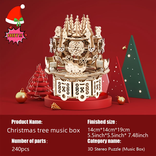 DIY Rotating Music Box Christmas tree Model Kit 3D Wooden Puzzle