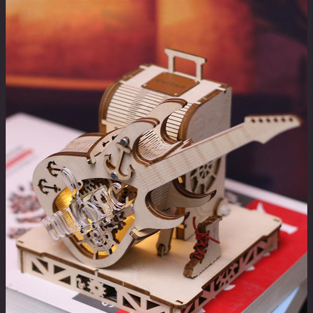 3D Wooden Music Box Puzzle Mechanical Guitar Model Wooden Kit Desktop Ornament
