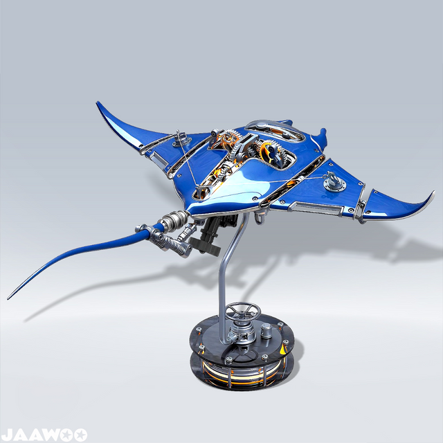 3D Metal Manta Ray Mechanical Marine Biological Assembly Model with Lights