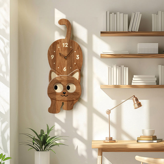 10 Inch Cute Cat Wall Clock Moving Eyes Wooden Silent Clock for Room Decor Gift