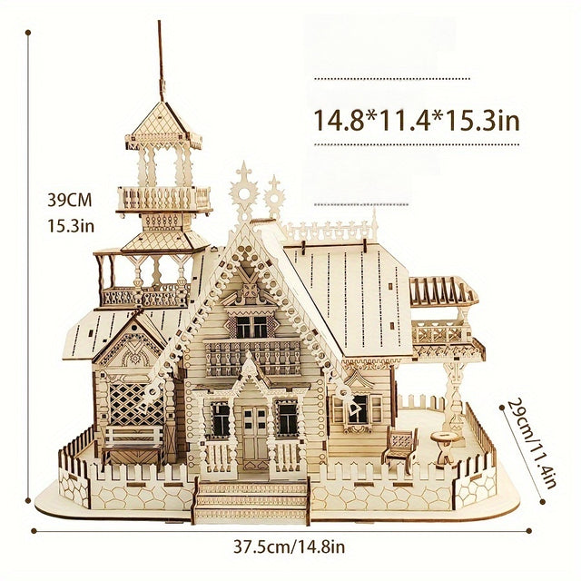 3D Wooden Puzzle Vintage Villa Model Kit DIY Assembly Toy Build in Light