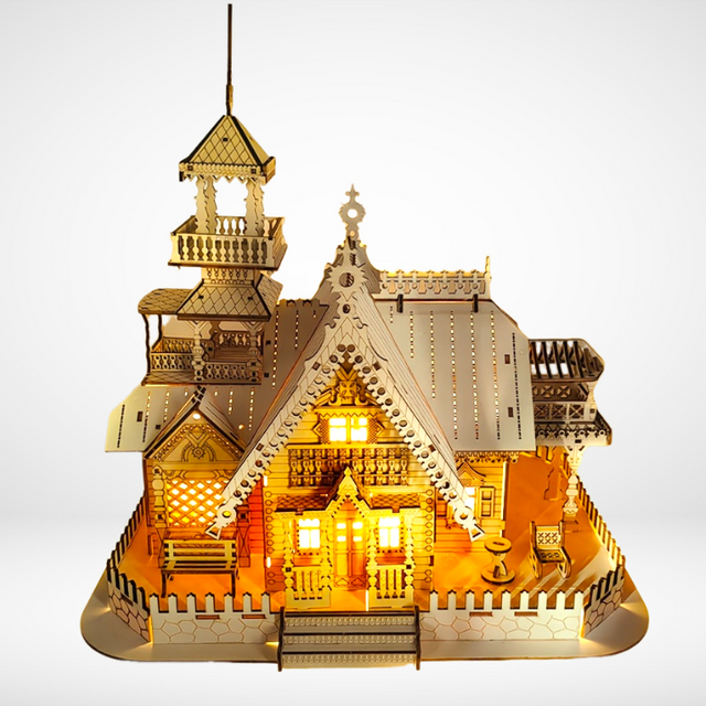 3D Wooden Puzzle Vintage Villa Model Kit DIY Assembly Toy Build in Light