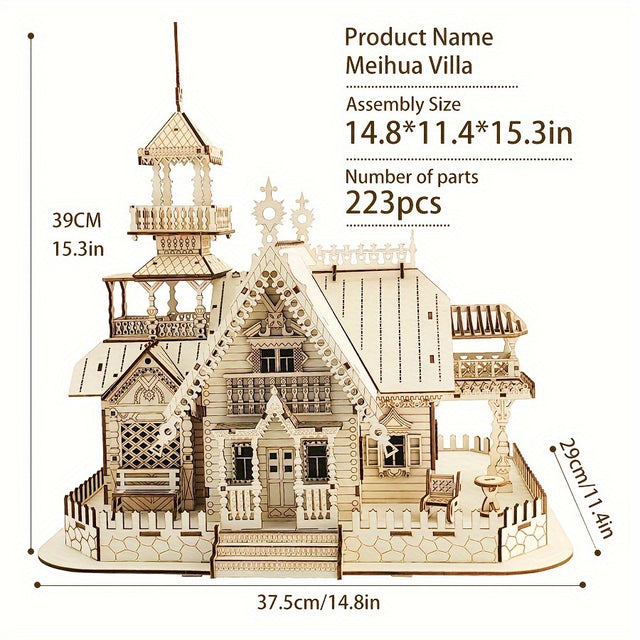 3D Wooden Puzzle Vintage Villa Model Kit DIY Assembly Toy Build in Light