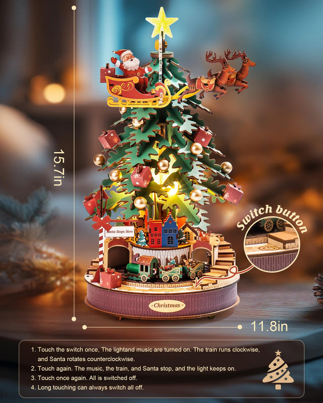 3D Wooden Puzzles Music Box Christmas Tree DIY Building Model Kit Xmas Gift