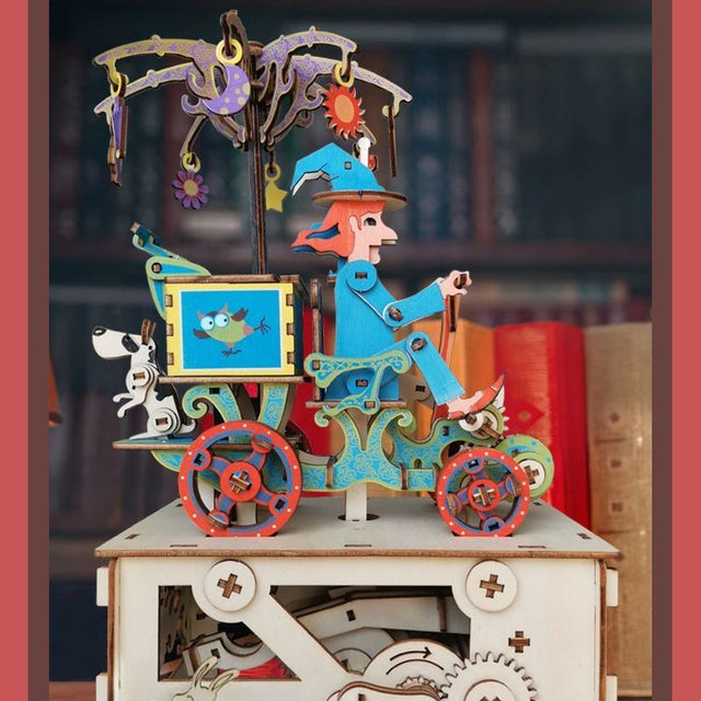 Mechanical 3D Wooden Puzzle DIY Music Box Kit Electric Car Model Fairy Tales Toy