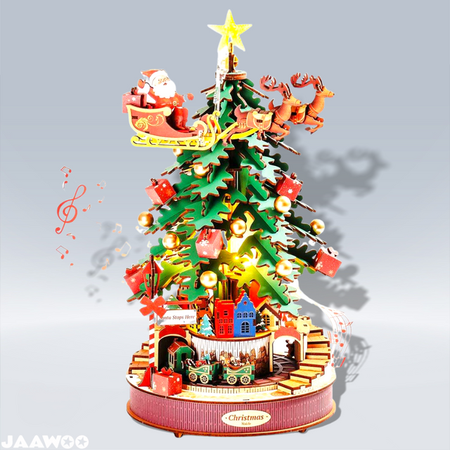 3D Wooden Puzzles Music Box Christmas Tree DIY Building Model Kit Xmas Gift