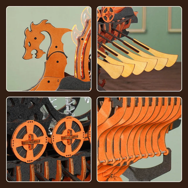 3D Wooden Puzzle for Adults Viking Dragon Ship with LED Lights Model Kits