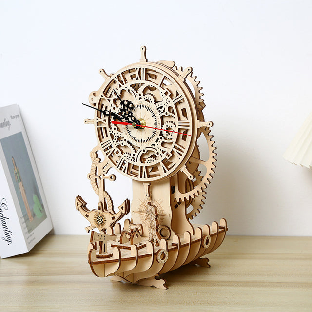 3D Wooden DlY Handmade Pirate Ship Clock Model Kit Assembly Puzzle Gift Decor