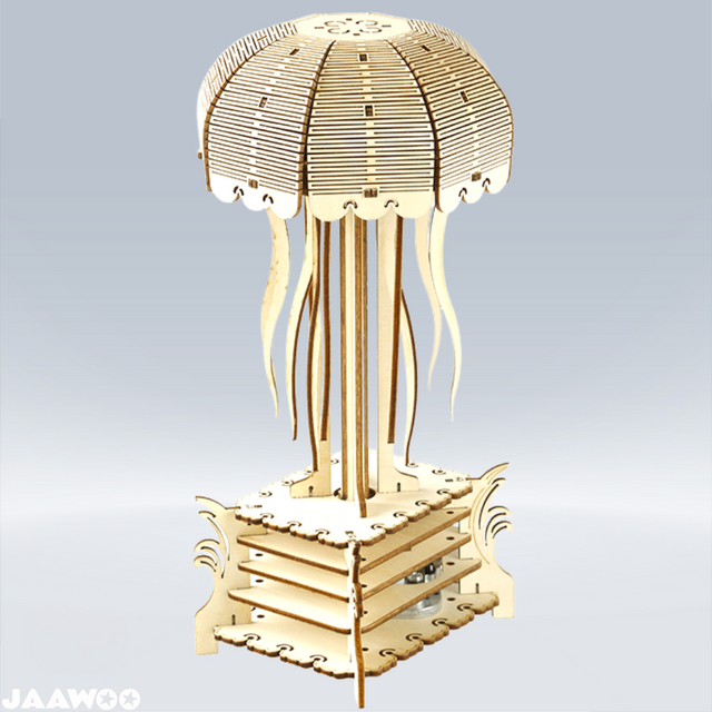 3D Wooden Music Box Puzzle Mechanical Rotating Jellyfish Model Kit Home Ornament