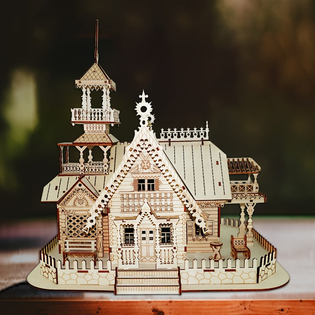3D Wooden Puzzle Vintage Villa Model Kit DIY Assembly Toy Build in Light