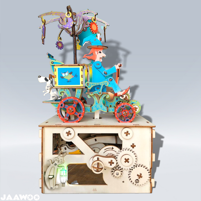 Mechanical 3D Wooden Puzzle DIY Music Box Kit Electric Car Model Fairy Tales Toy