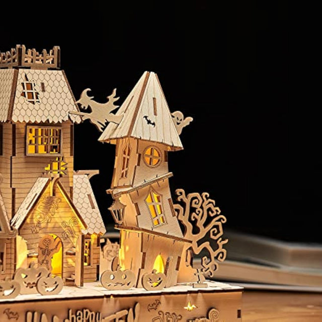 3D Wooden Puzzles Halloween House Kits With Light Strip