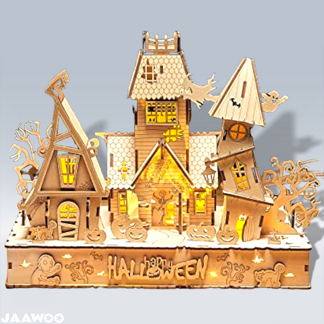 3D Wooden Puzzles Halloween House Kits With Light Strip