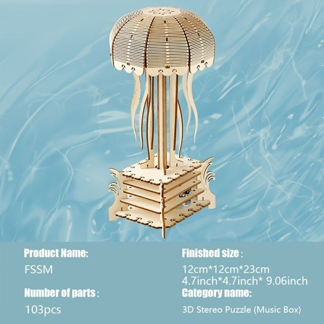 3D Wooden Music Box Puzzle Mechanical Rotating Jellyfish Model Kit Home Ornament