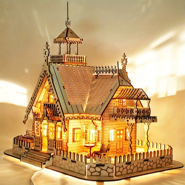 3D Wooden Puzzle Vintage Villa Model Kit DIY Assembly Toy Build in Light