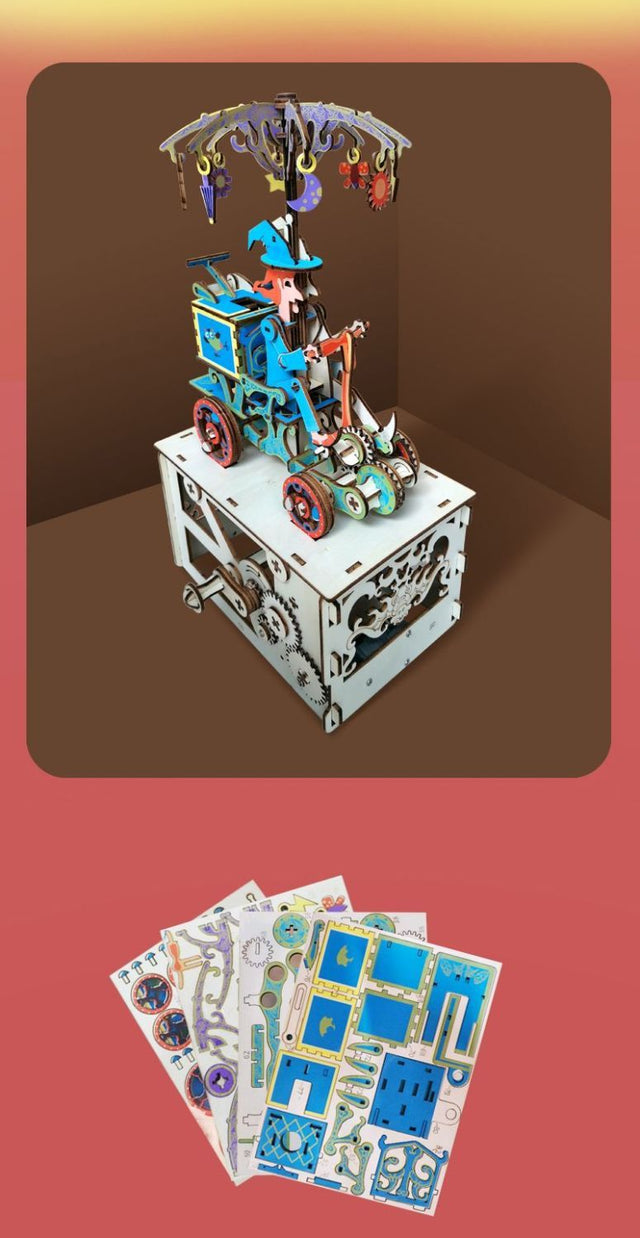 Mechanical 3D Wooden Puzzle DIY Music Box Kit Electric Car Model Fairy Tales Toy