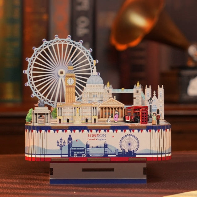 DIY Rotating Music Box Puzzle LONDON City Style 3D Wooden Puzzles Crafts Model