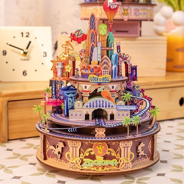 3D Wooden Puzzles Rotating Music Box Castle Town Ornament Handcrafted Model