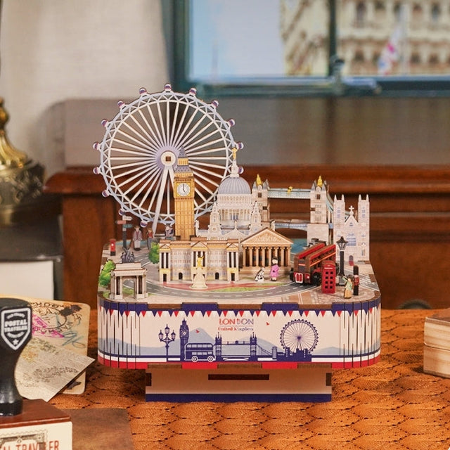 DIY Rotating Music Box Puzzle LONDON City Style 3D Wooden Puzzles Crafts Model