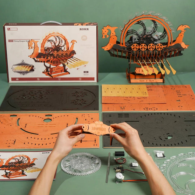 3D Wooden Puzzle for Adults Viking Dragon Ship with LED Lights Model Kits