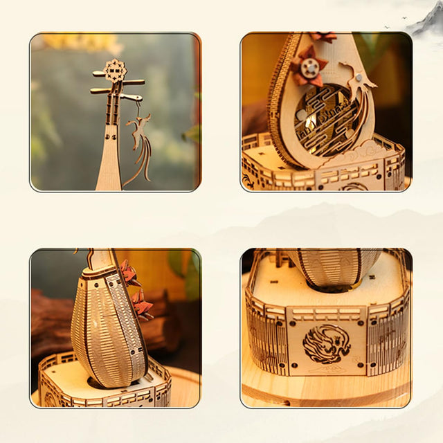 3D Wooden Music Box Puzzle Mechanical Lute Model Wooden Kit Desktop Ornament