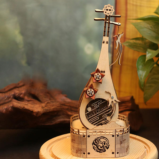 3D Wooden Music Box Puzzle Mechanical Lute Model Wooden Kit Desktop Ornament