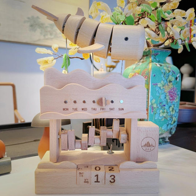 Electric Mechanical 3D Wooden Craft Flying Floating Whale Music Box Calendar