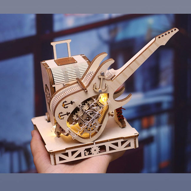 3D Wooden Music Box Puzzle Mechanical Guitar Model Wooden Kit Desktop Ornament