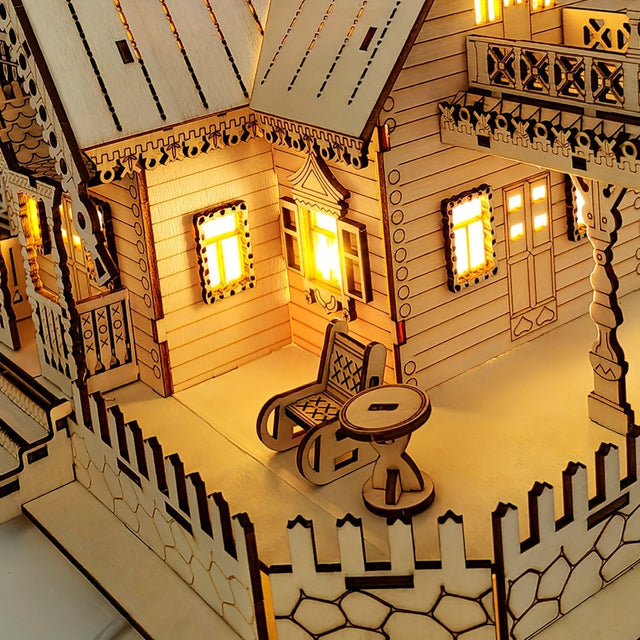 3D Wooden Puzzle Vintage Villa Model Kit DIY Assembly Toy Build in Light